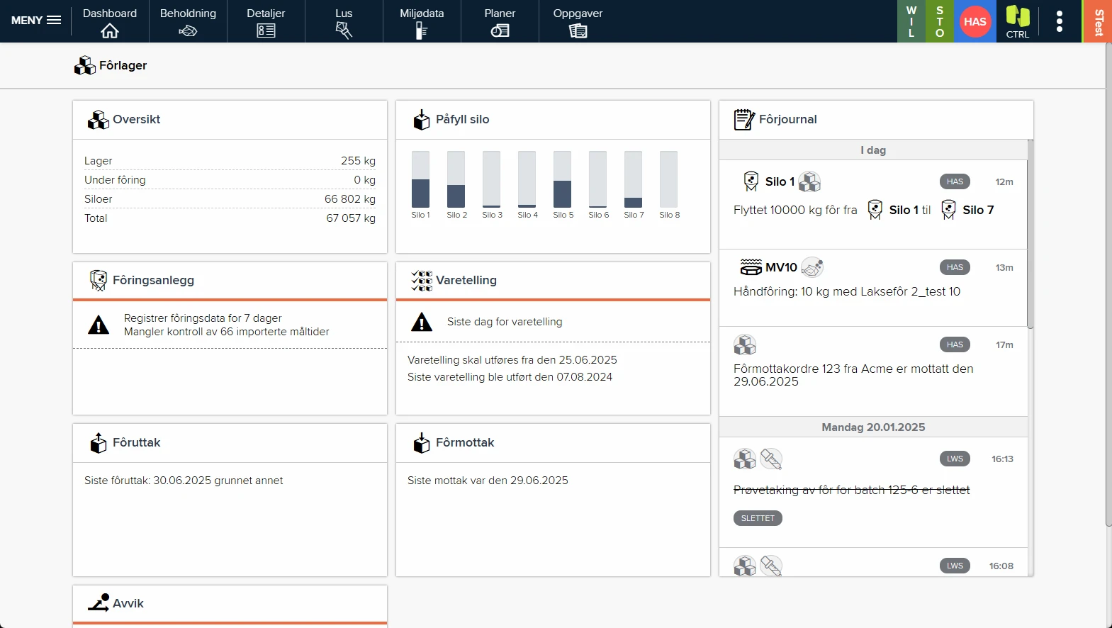 Feed-store dashboard with silos and feed journal